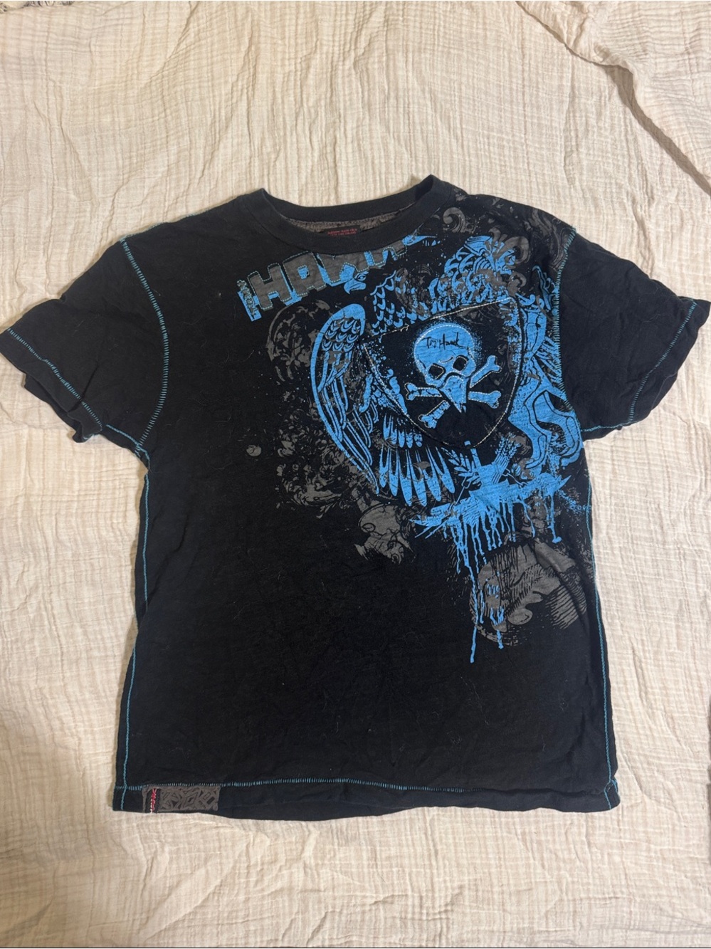 Tony Hawk Black Tee with Blue Skull Wing Graphic